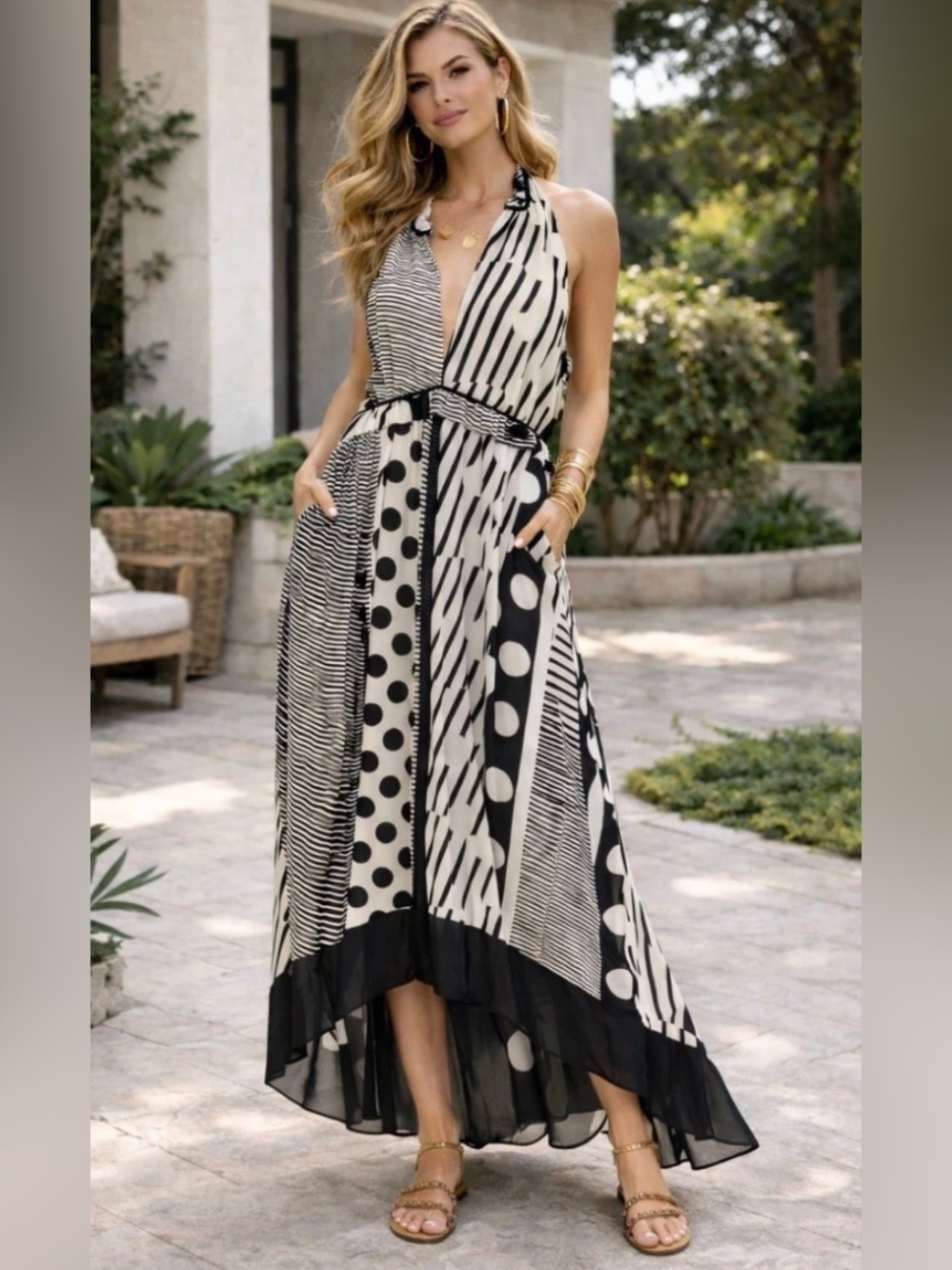 Anthropologie Maeve Polka Dot Maxi Dress Black White Size 4 - Picture 1 of 9